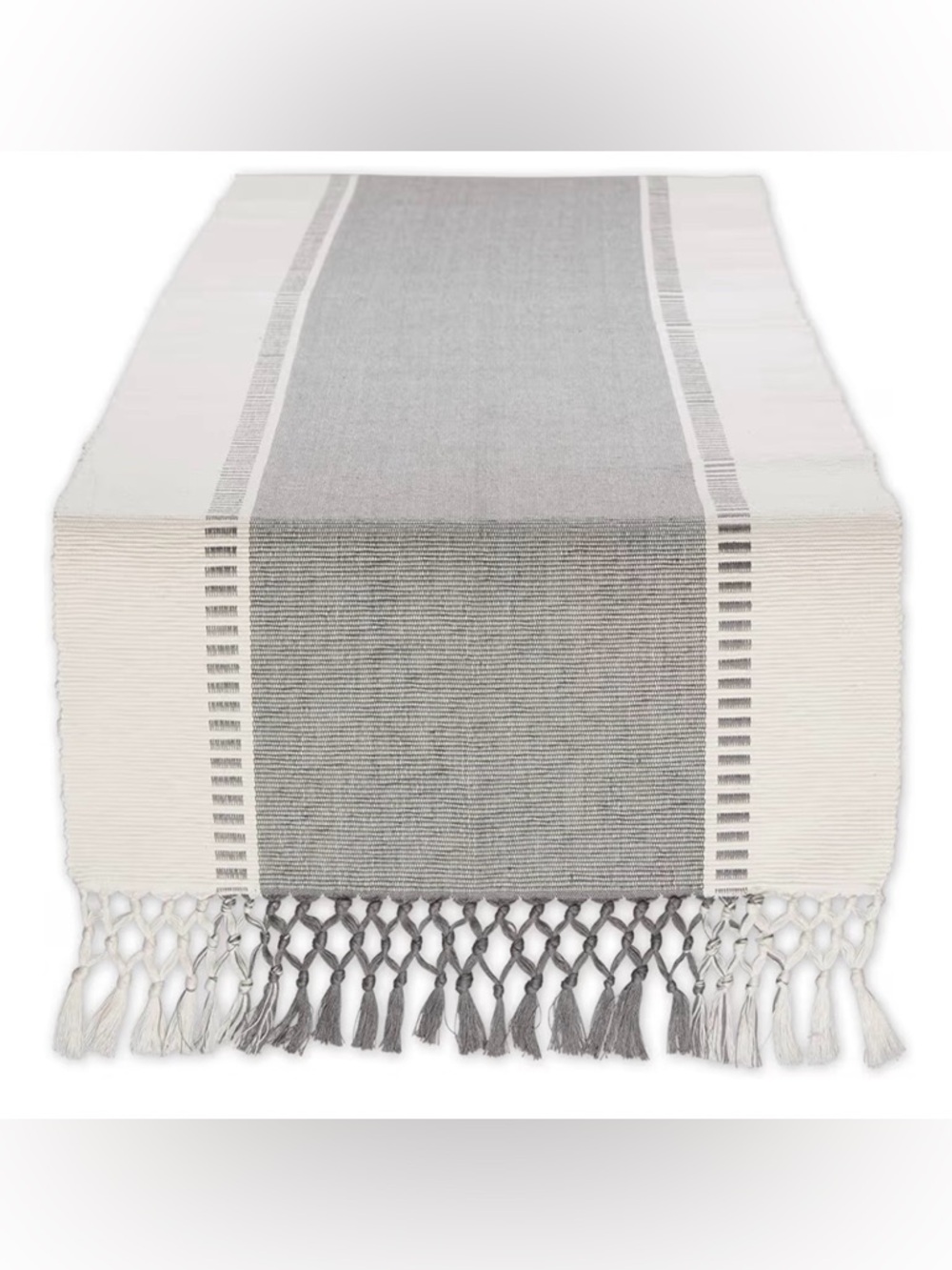 Gray and White Tassel Table Runner - Elegant Dining Accent 13”x 108”